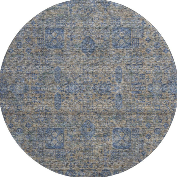 HomeRoots 8' Washable Khaki and Blue Floral Round Rug with UV Protection - Durable, Stylish, and Easy Care! 653395