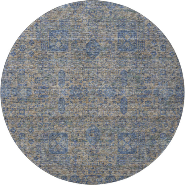 HomeRoots 8' Washable Khaki and Blue Floral Round Rug with UV Protection - Durable, Stylish, and Easy Care! 653395