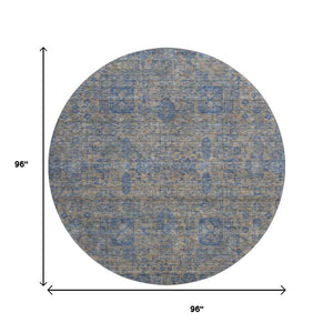 HomeRoots 8' Washable Khaki and Blue Floral Round Rug with UV Protection - Durable, Stylish, and Easy Care! 653395