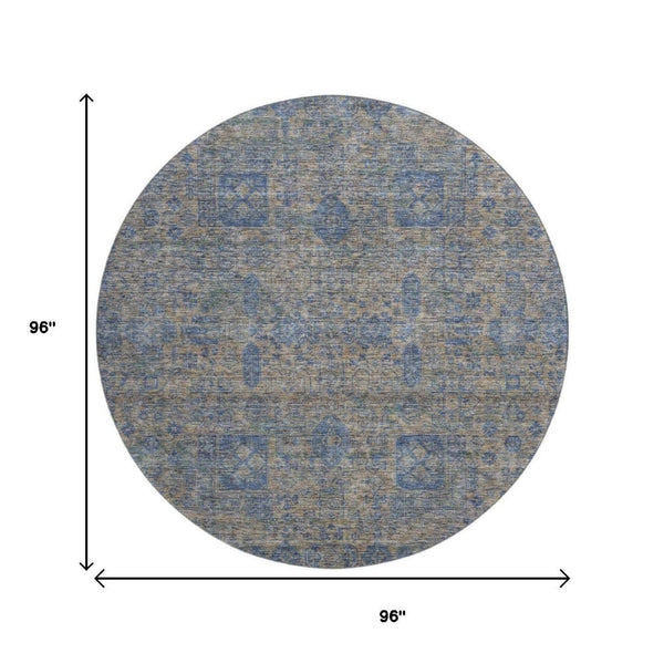 HomeRoots 8' Washable Khaki and Blue Floral Round Rug with UV Protection - Durable, Stylish, and Easy Care! 653395