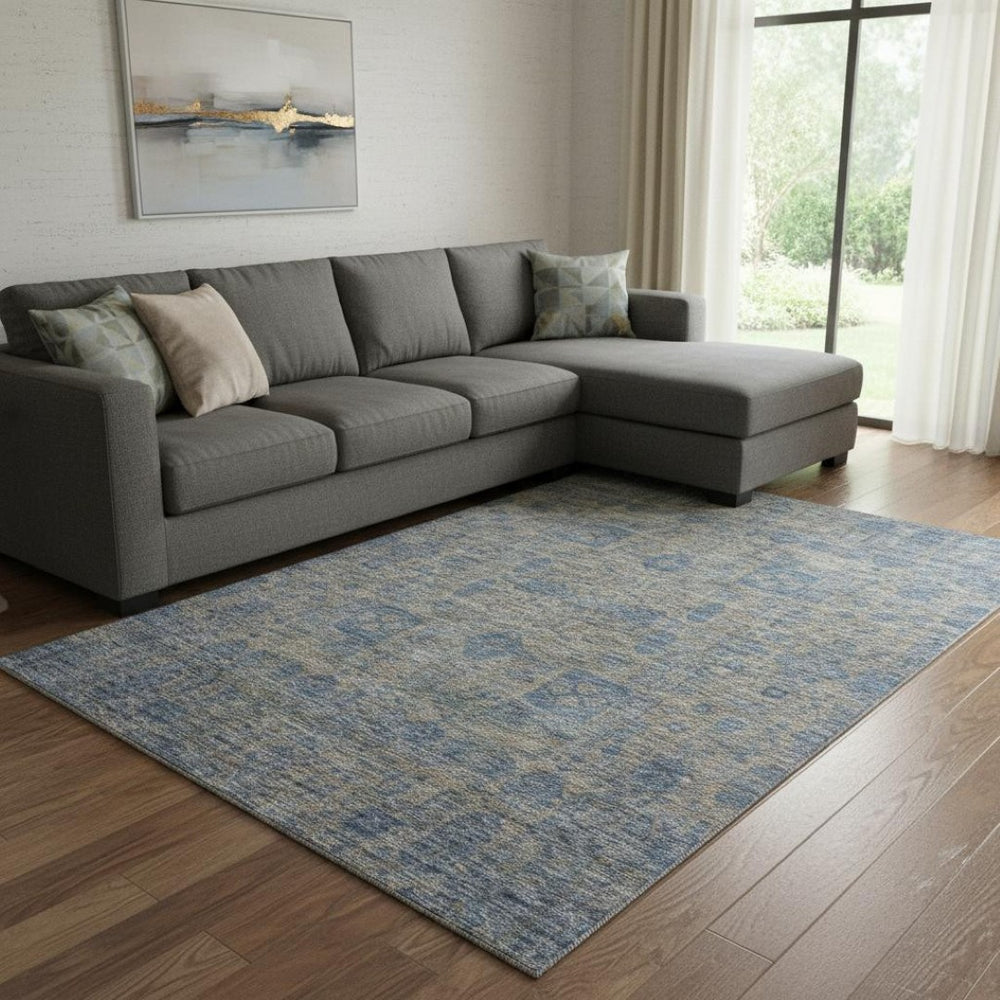 HomeRoots 8' X 10' Khaki And Blue Floral Area Rug – Durable, Washable, Stain-Resistant with UV Protection! 653396