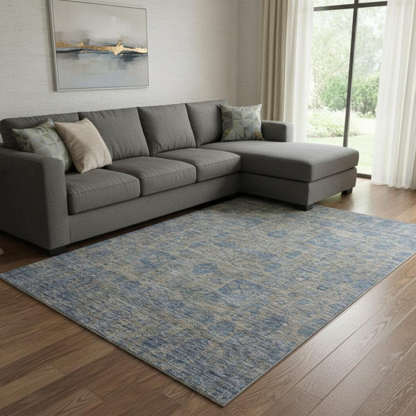 HomeRoots 8' X 10' Khaki And Blue Floral Area Rug – Durable, Washable, Stain-Resistant with UV Protection! 653396