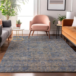 HomeRoots 9' X 12' Khaki & Blue Floral Area Rug - Washable, UV Protected, Stain-Resistant for Busy Homes 653397