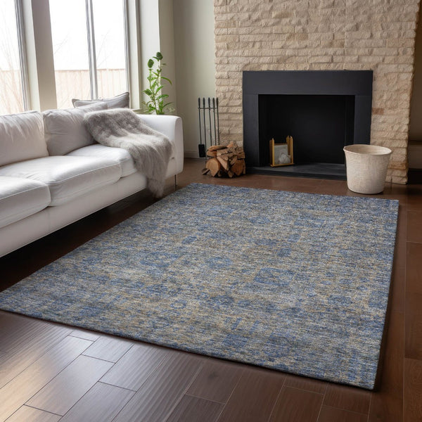 HomeRoots 9' X 12' Khaki & Blue Floral Area Rug - Washable, UV Protected, Stain-Resistant for Busy Homes 653397