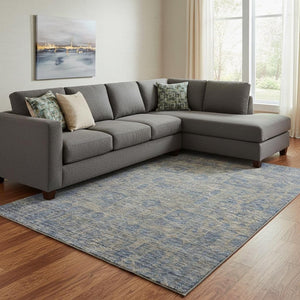 HomeRoots 9' X 12' Khaki & Blue Floral Area Rug - Washable, UV Protected, Stain-Resistant for Busy Homes 653397