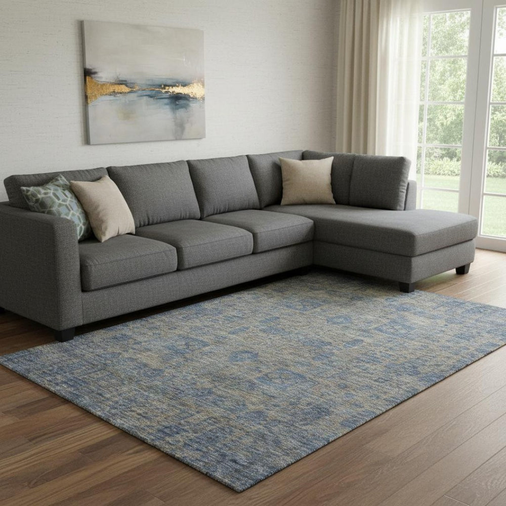 HomeRoots 10' Khaki and Blue Floral Area Rug – Washable, UV-Protected, Durable Design for Homes with Kids & Pets 653398