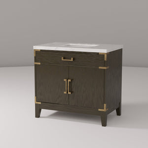 English Elm Brown Oak Single Bath Vanity With Carrara Marble Top, Elegant Design, Soft-Close Doors & Storage Solutions B2731P259775