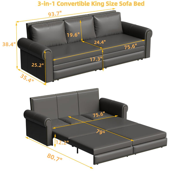 English Elm Chesterfield Velvet King Sleeper Sofa with Nailhead Trim and Rolled Arms for Living Room Grey W1885S00363