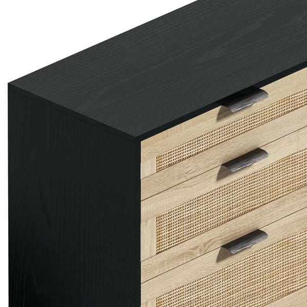 English Elm 51" Rattan Dresser with Six Drawers, Stylish Woven Storage Chest with Metal Handles and Wood Legs for Bedroom Hallway Living Room Black W757P209508