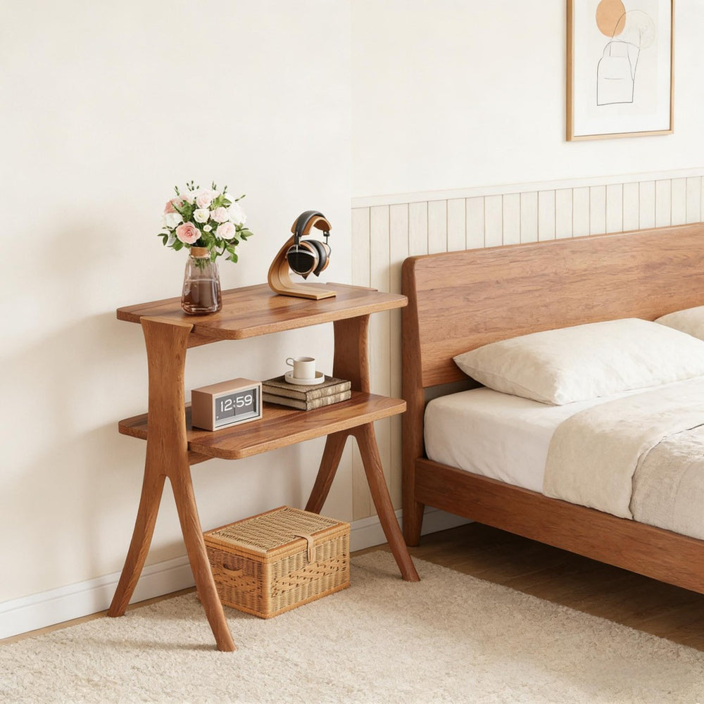 English Elm 2-tier Walnut Wood Grain End Table with Herringbone Legs for Entryway or Living Room T3971P448039