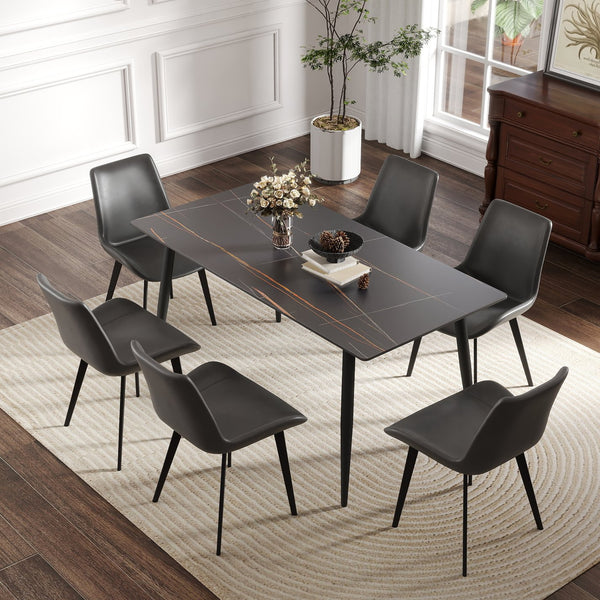 English Elm 62.99" Modern Artificial Stone Dining Table With Black Metal Legs – Seats 6, Contemporary Design W1535S00495