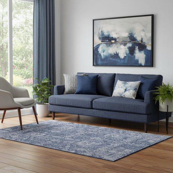 HomeRoots 5' X 8' Navy Blue Floral Area Rug - Washable, UV Protected, Durable Design for Elegant Home Decor 653400