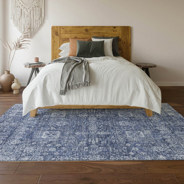 HomeRoots 5' X 8' Navy Blue Floral Area Rug - Washable, UV Protected, Durable Design for Elegant Home Decor 653400