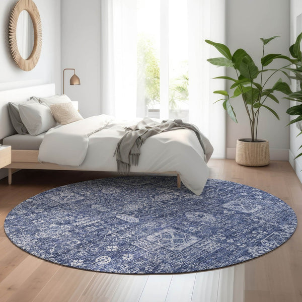 HomeRoots 8' Navy Blue Floral Round Rug - Washable, UV Protected, Stain-Resistant for Homes with Kids & Pets 653401