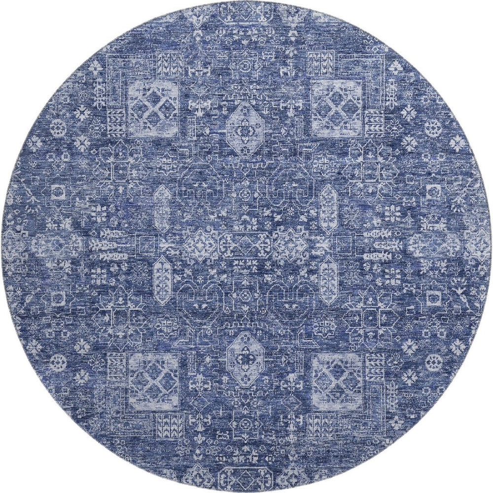 HomeRoots 8' Navy Blue Floral Round Rug - Washable, UV Protected, Stain-Resistant for Homes with Kids & Pets 653401