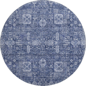 HomeRoots 8' Navy Blue Floral Round Rug - Washable, UV Protected, Stain-Resistant for Homes with Kids & Pets 653401