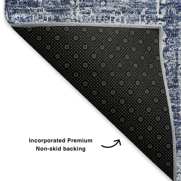 HomeRoots 8' Navy Blue Floral Round Rug - Washable, UV Protected, Stain-Resistant for Homes with Kids & Pets 653401