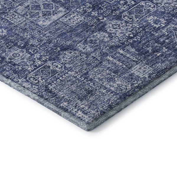 HomeRoots 8' Navy Blue Floral Round Rug - Washable, UV Protected, Stain-Resistant for Homes with Kids & Pets 653401