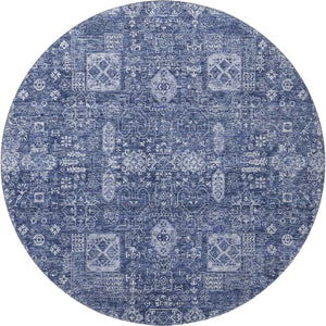 HomeRoots 8' Navy Blue Floral Round Rug - Washable, UV Protected, Stain-Resistant for Homes with Kids & Pets 653401
