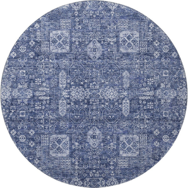 HomeRoots 8' Navy Blue Floral Round Rug - Washable, UV Protected, Stain-Resistant for Homes with Kids & Pets 653401
