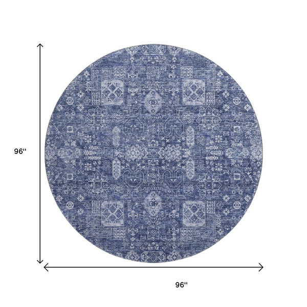 HomeRoots 8' Navy Blue Floral Round Rug - Washable, UV Protected, Stain-Resistant for Homes with Kids & Pets 653401