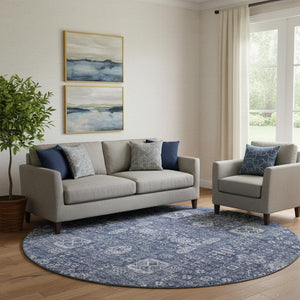 HomeRoots 8' Navy Blue Floral Round Rug - Washable, UV Protected, Stain-Resistant for Homes with Kids & Pets 653401