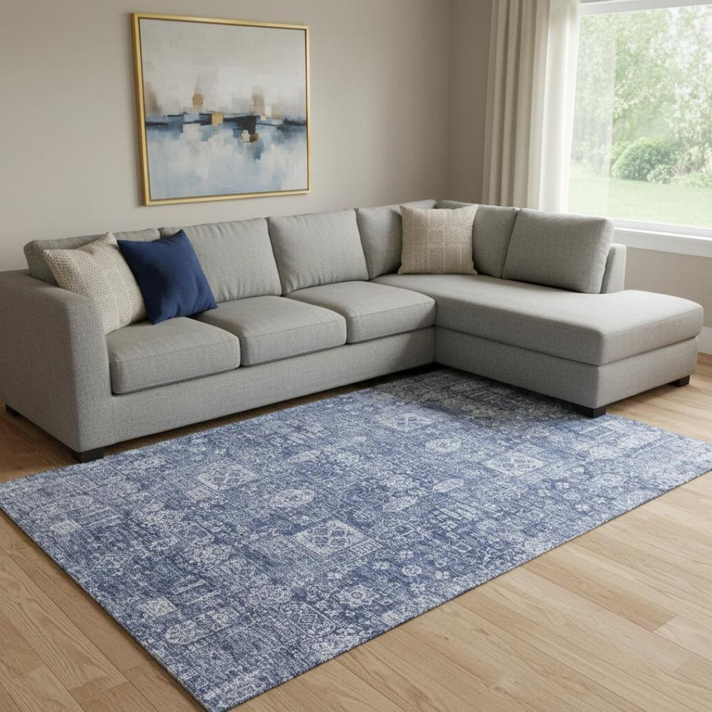 HomeRoots 8' X 10' Navy Blue and Ivory Floral Area Rug - Stain Resistant, UV-Protected, Machine-Woven Elegance 653402