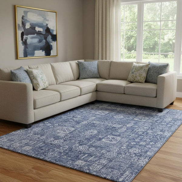 HomeRoots 9' X 12' Navy Blue & Ivory Floral Washable Area Rug – Durable, Stain-Resistant, UV-Protected Design 653403