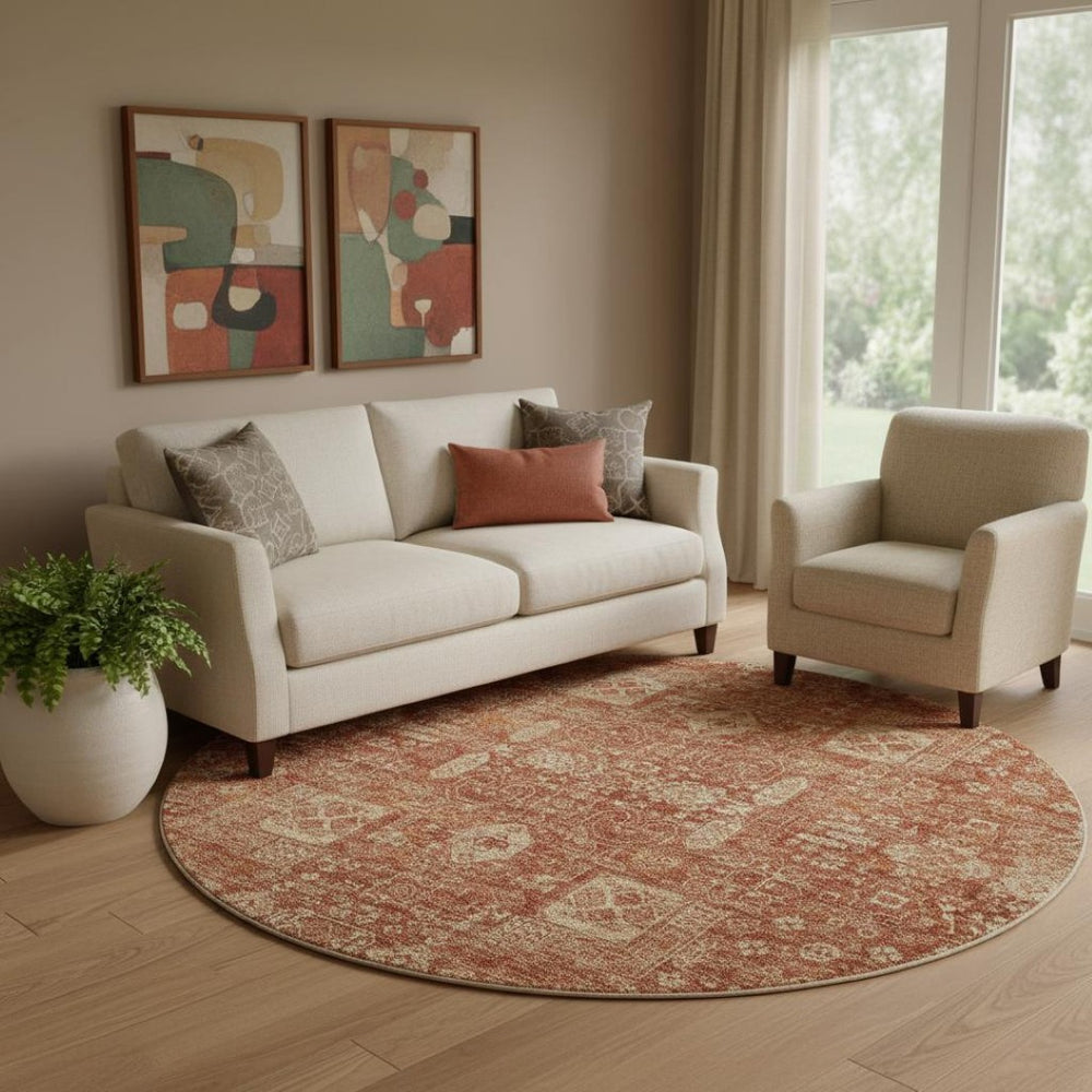 HomeRoots 8' Chili Red & Copper Floral Washable Round Rug - Durable, UV-Protected, Perfect for Busy Homes! 653407