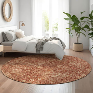 HomeRoots 8' Chili Red & Copper Floral Washable Round Rug - Durable, UV-Protected, Perfect for Busy Homes! 653407