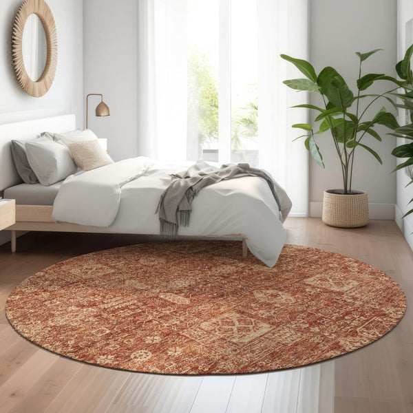 HomeRoots 8' Chili Red & Copper Floral Washable Round Rug - Durable, UV-Protected, Perfect for Busy Homes! 653407