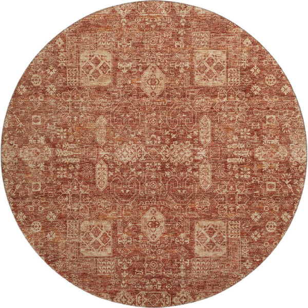 HomeRoots 8' Chili Red & Copper Floral Washable Round Rug - Durable, UV-Protected, Perfect for Busy Homes! 653407