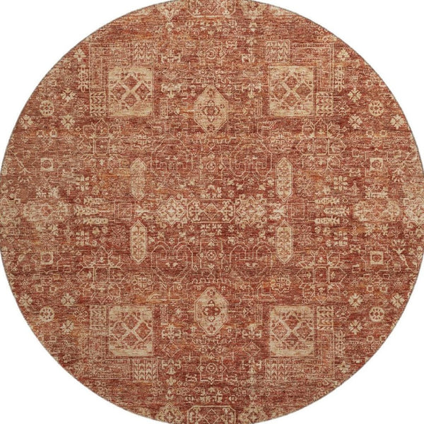 HomeRoots 8' Chili Red & Copper Floral Washable Round Rug - Durable, UV-Protected, Perfect for Busy Homes! 653407