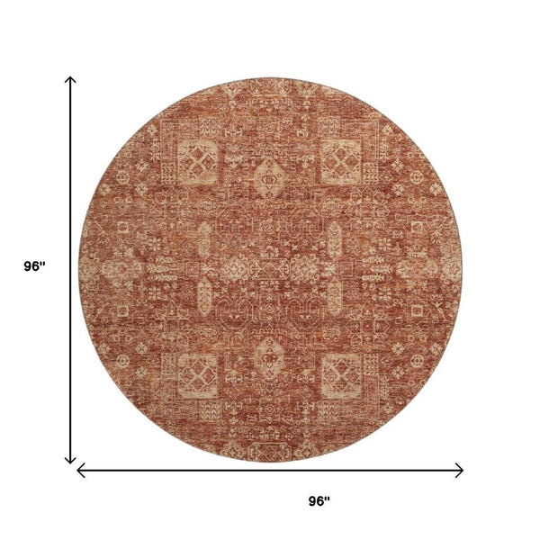 HomeRoots 8' Chili Red & Copper Floral Washable Round Rug - Durable, UV-Protected, Perfect for Busy Homes! 653407