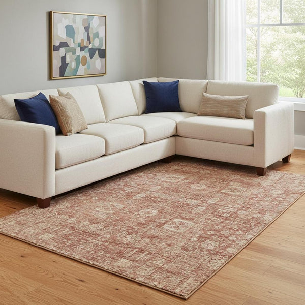 HomeRoots 10' Chili Red & Copper Floral Washable Area Rug - UV Protected, Durable & Perfect for Family Spaces 653410
