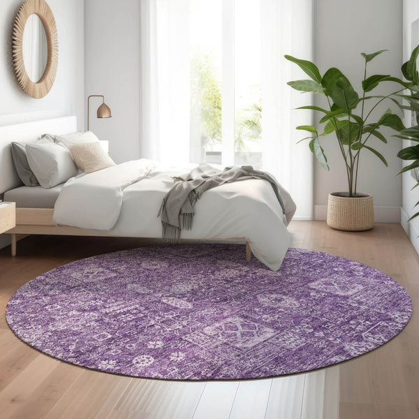 HomeRoots 8' Purple Floral Washable Round Rug with UV Protection – Elegant, Stain-Resistant, Durable Design! 653413