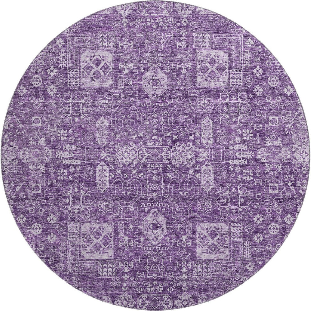 HomeRoots 8' Purple Floral Washable Round Rug with UV Protection – Elegant, Stain-Resistant, Durable Design! 653413