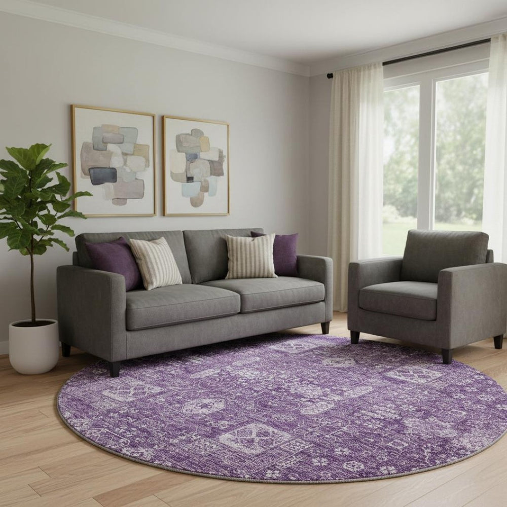 HomeRoots 8' Purple Floral Washable Round Rug with UV Protection – Elegant, Stain-Resistant, Durable Design! 653413