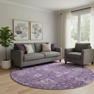HomeRoots 8' Purple Floral Washable Round Rug with UV Protection – Elegant, Stain-Resistant, Durable Design! 653413