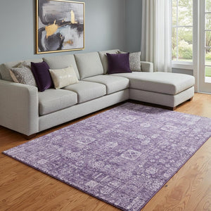 HomeRoots 8' X 10' Elegant Purple and Ivory Floral Area Rug - Washable, UV-Protected, Stain-Resistant Design 653414