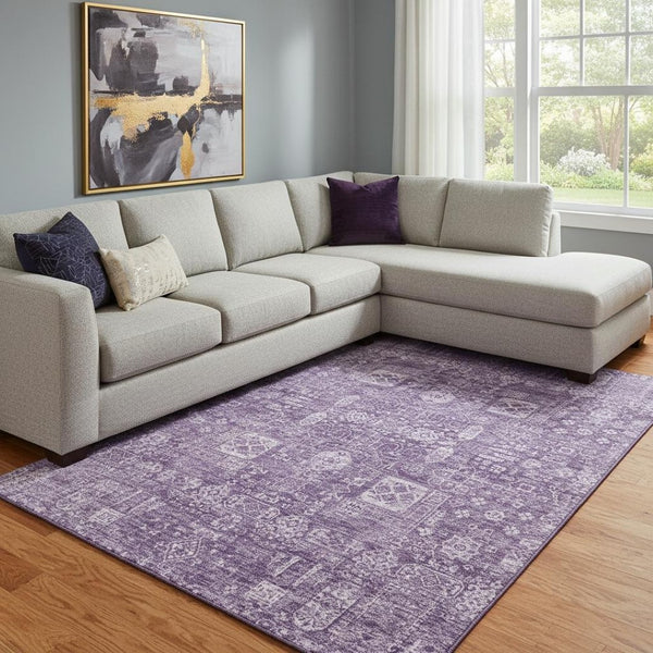 HomeRoots 9' X 12' Floral Area Rug in Purple & Ivory - Washable, UV Protected & Perfect for Family Spaces 653415