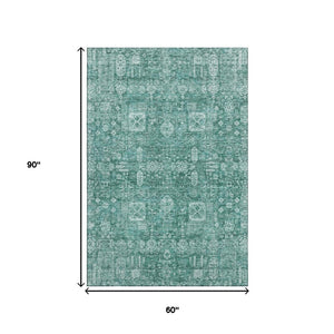 HomeRoots 5' X 8' Vibrant Teal & Aqua Floral Washable Area Rug – Durable, Stain-Resistant, UV Protected Design 653418