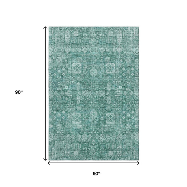 HomeRoots 5' X 8' Vibrant Teal & Aqua Floral Washable Area Rug – Durable, Stain-Resistant, UV Protected Design 653418