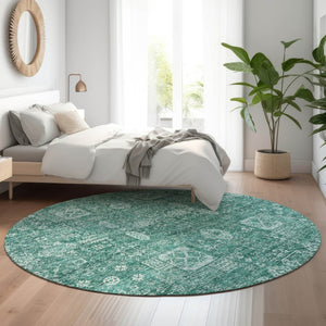 HomeRoots 8' Teal And Aqua Floral Round Rug - Washable, UV Protected, Durable, Soft & Stylish for Any Space 653419
