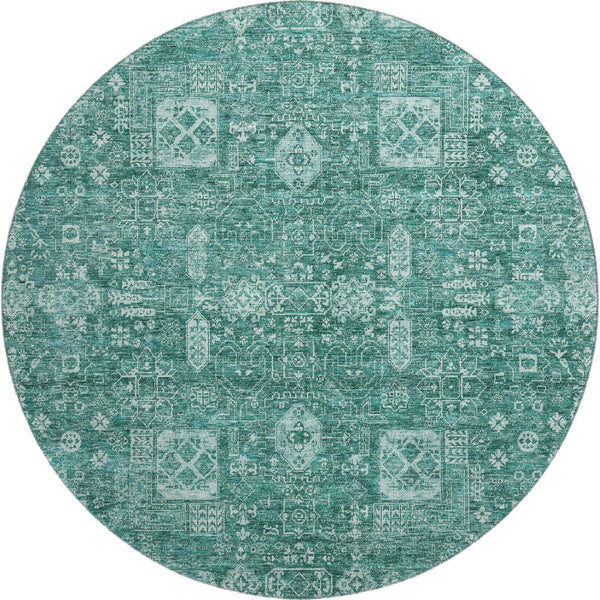 HomeRoots 8' Teal And Aqua Floral Round Rug - Washable, UV Protected, Durable, Soft & Stylish for Any Space 653419
