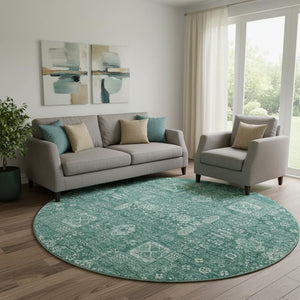 HomeRoots 8' Teal And Aqua Floral Round Rug - Washable, UV Protected, Durable, Soft & Stylish for Any Space 653419