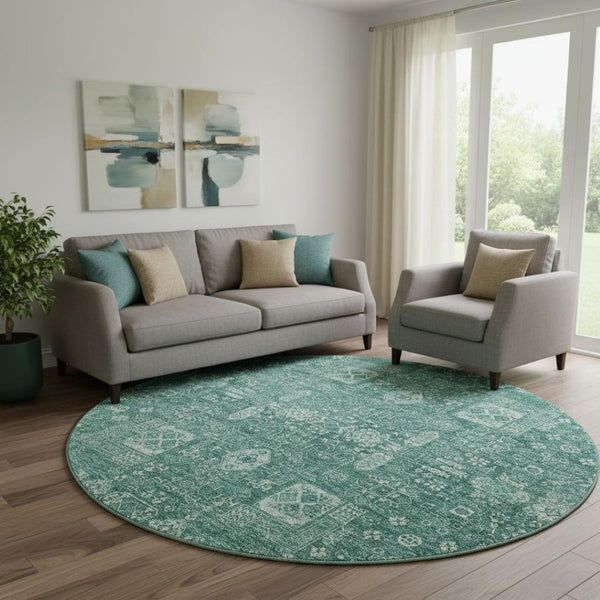 HomeRoots 8' Teal And Aqua Floral Round Rug - Washable, UV Protected, Durable, Soft & Stylish for Any Space 653419