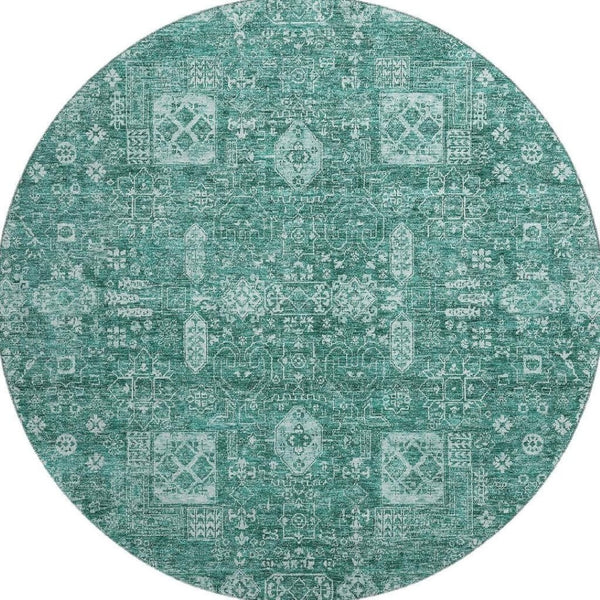 HomeRoots 8' Teal And Aqua Floral Round Rug - Washable, UV Protected, Durable, Soft & Stylish for Any Space 653419
