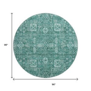 HomeRoots 8' Teal And Aqua Floral Round Rug - Washable, UV Protected, Durable, Soft & Stylish for Any Space 653419