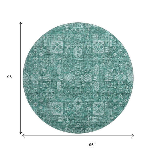 HomeRoots 8' Teal And Aqua Floral Round Rug - Washable, UV Protected, Durable, Soft & Stylish for Any Space 653419